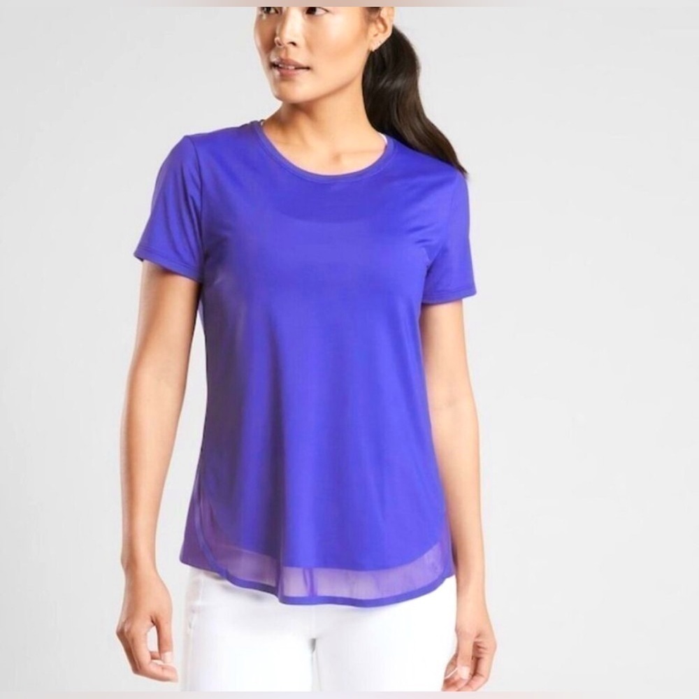 NWOT Athleta CADENCE TEE Paradise Blue workout shirt size XXS RATED UPF 50+